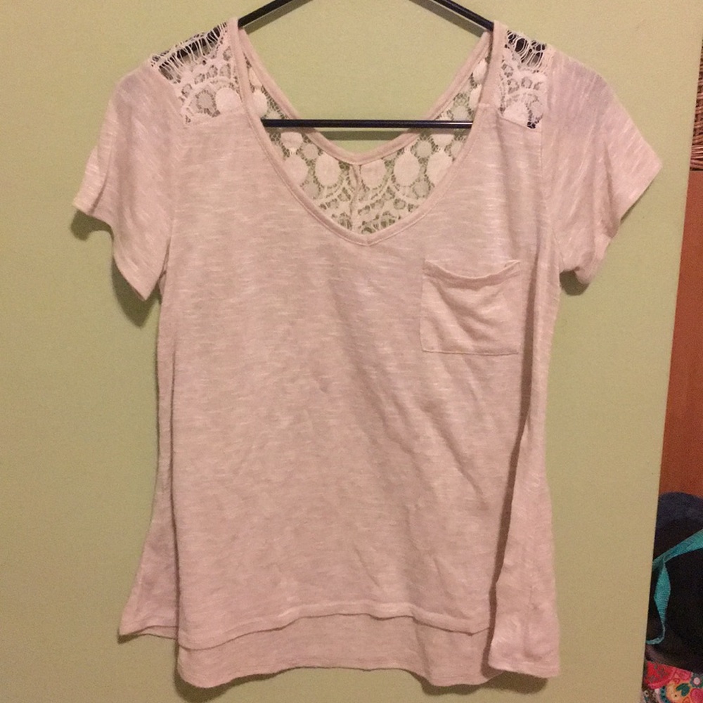 Oatmeal breathable v neck tee with lace back/trim